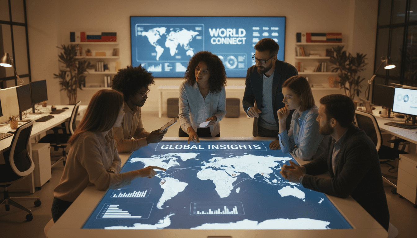 International organization team analyzing cross-country comparative research and global impact data