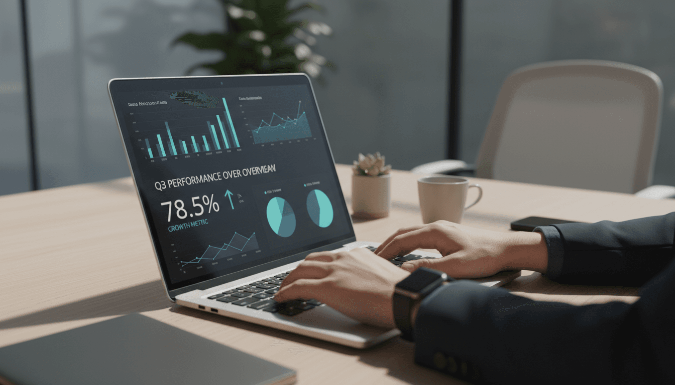 Data analyst reviewing statistical visualizations on laptop screen