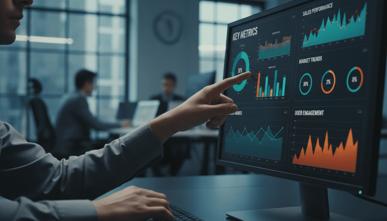 Data analyst pointing to key metrics and charts on monitor screen