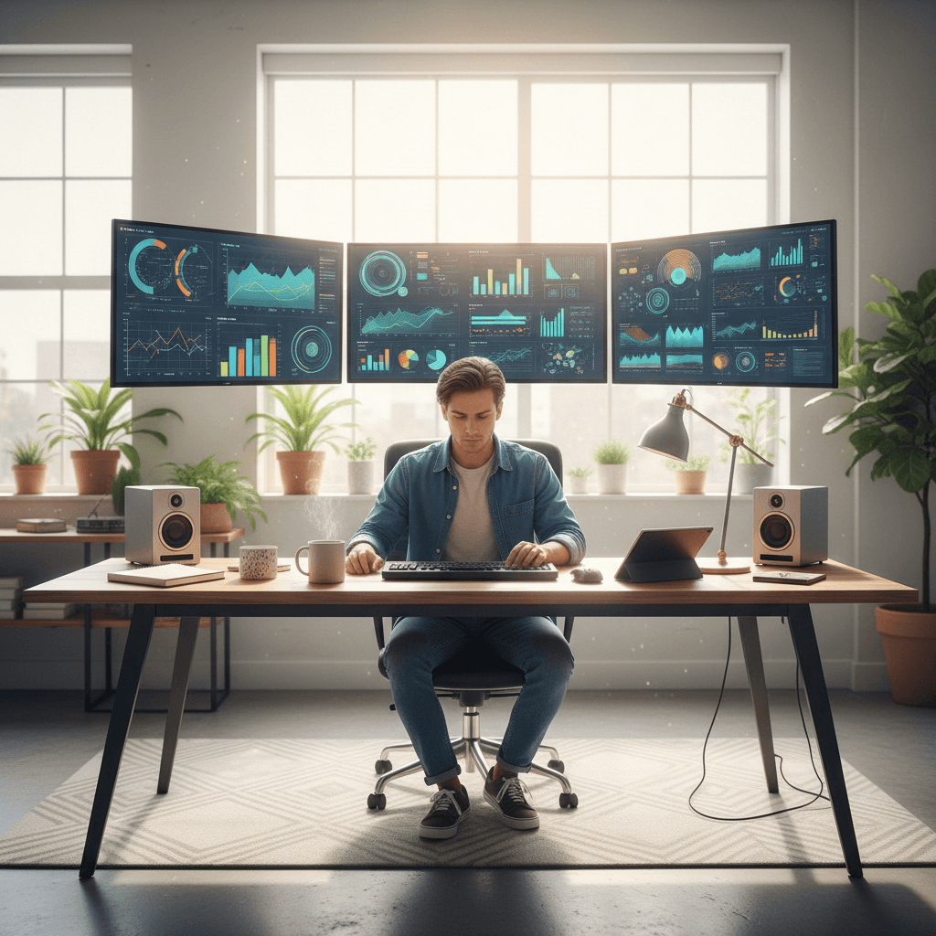 Data analyst working with statistical software and dashboards