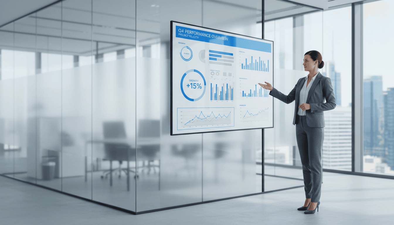 Business professional presenting market research and performance data analytics