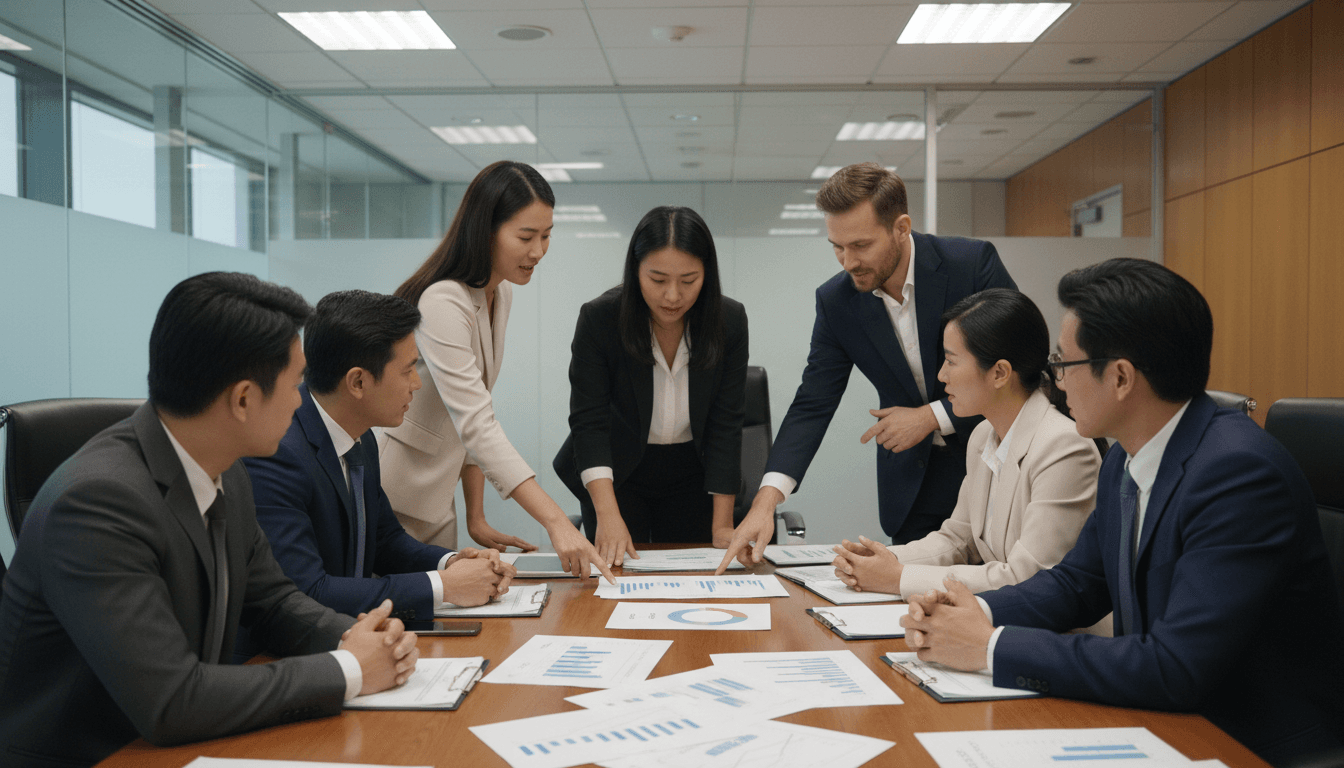 Public sector team reviewing statistical reports and policy analysis together