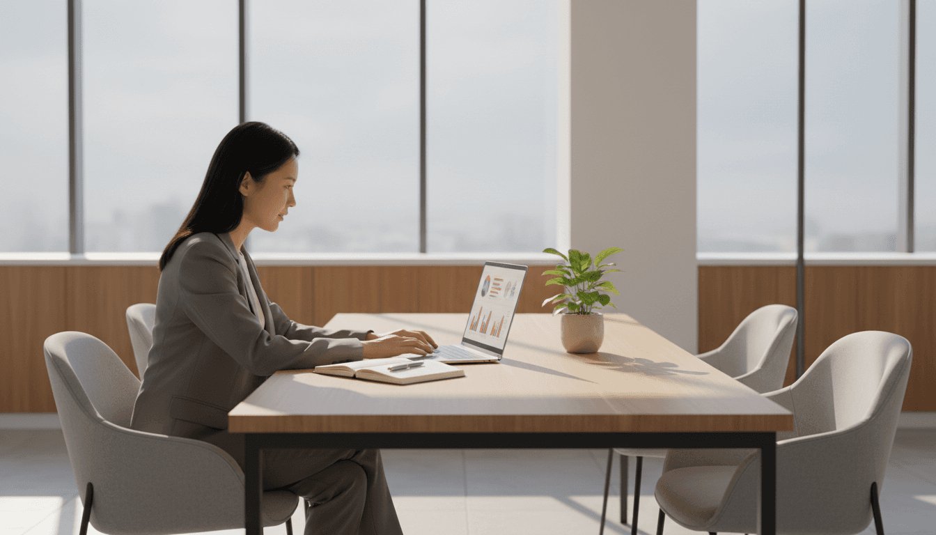 Female research analyst reviewing data visualizations at a modern desk with natural light