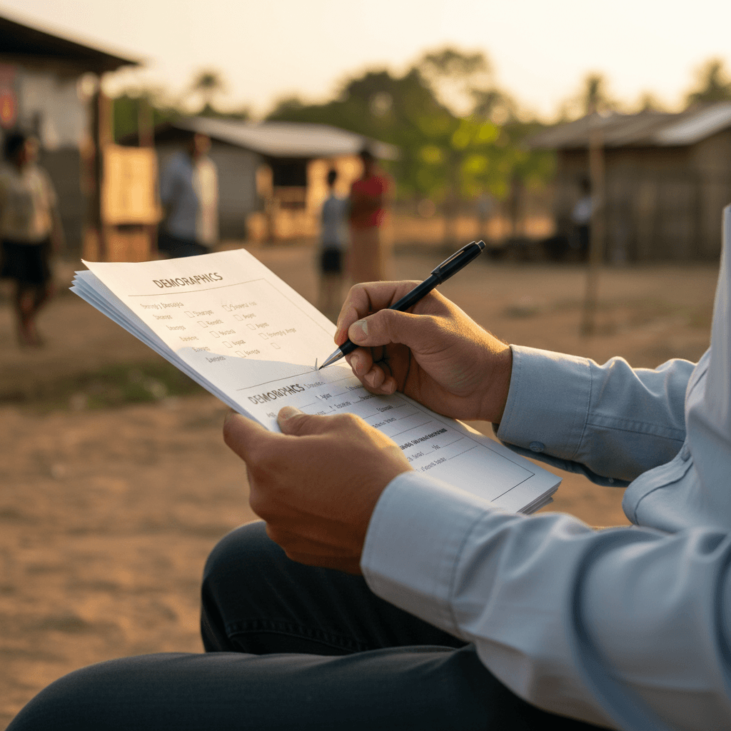 Field enumerator conducting survey with questionnaire