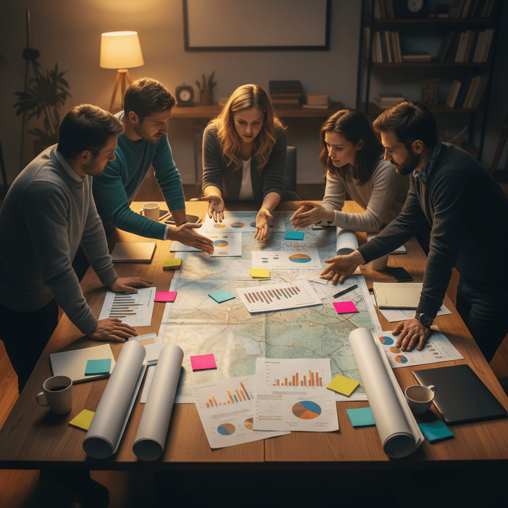 Research team collaborating on spatial analysis and project mapping