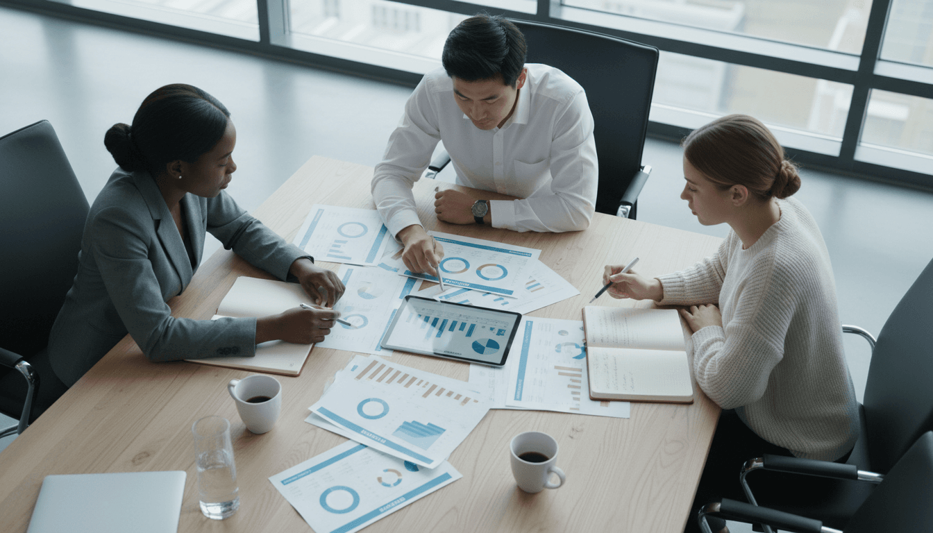 Professionals collaborating over research reports and data analysis