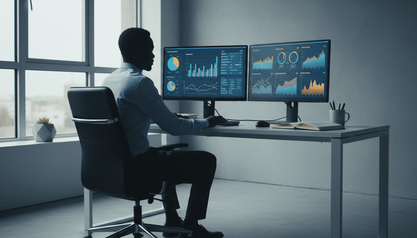 Professional working on data analytics and research dashboards