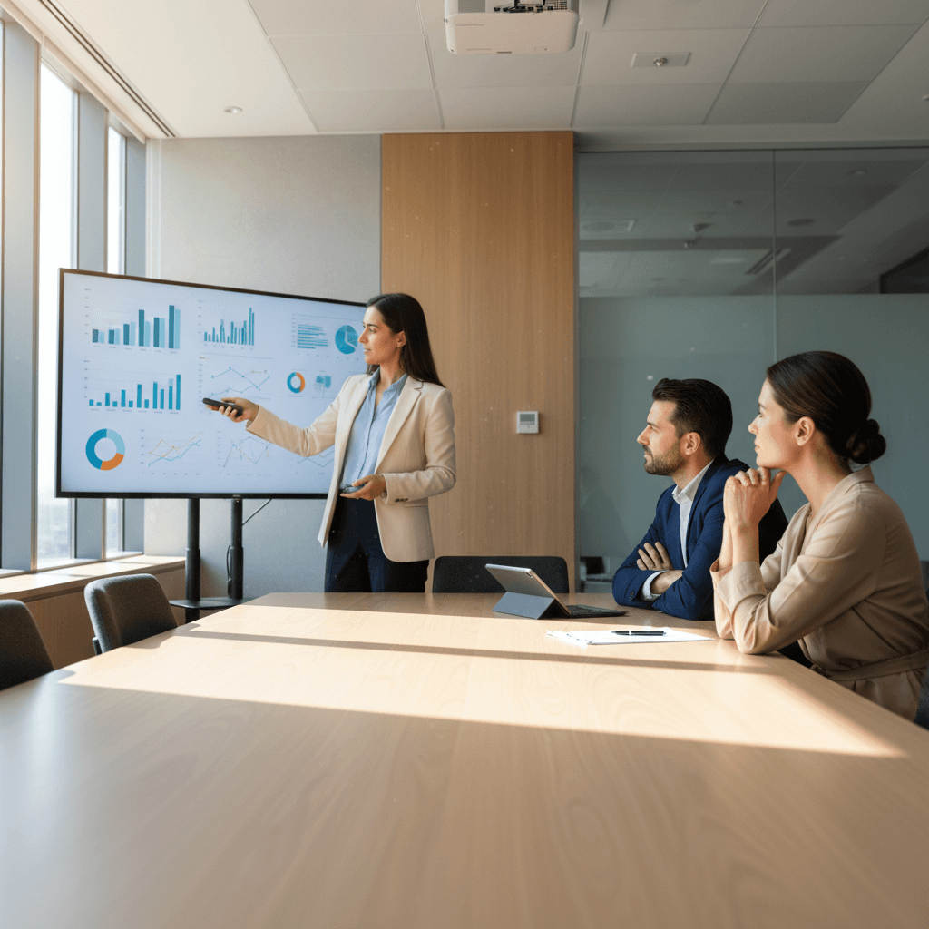 Researcher presenting data analysis findings to stakeholders