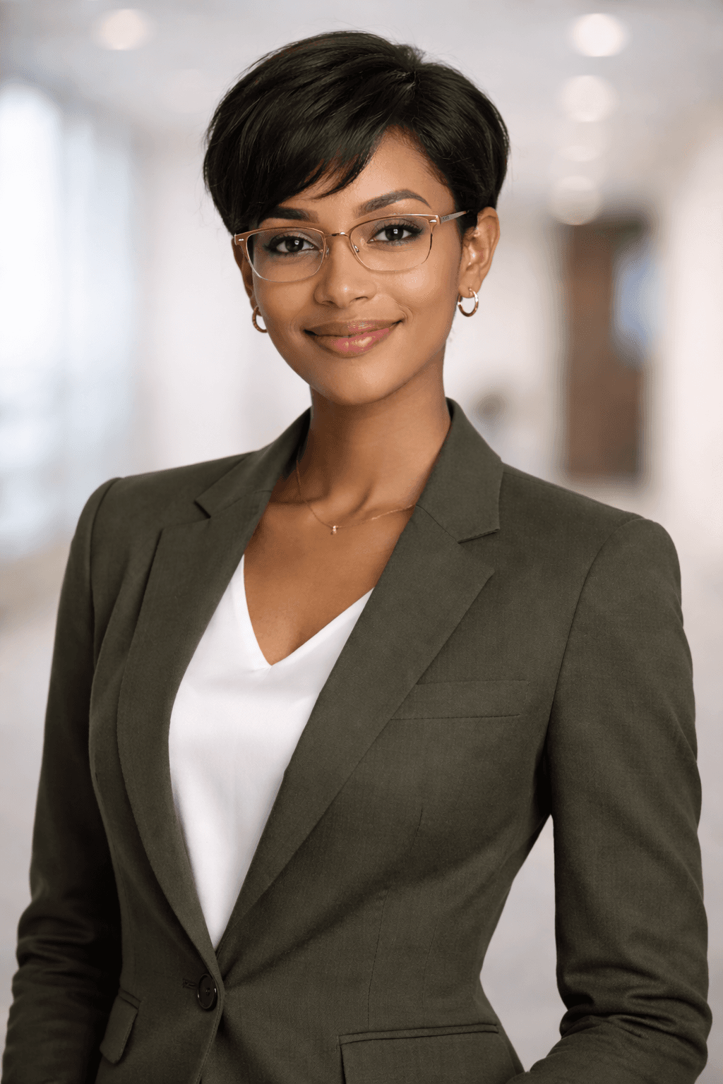 Smiling woman with short dark hair and glasses wearing an olive green blazer, professional headshot.