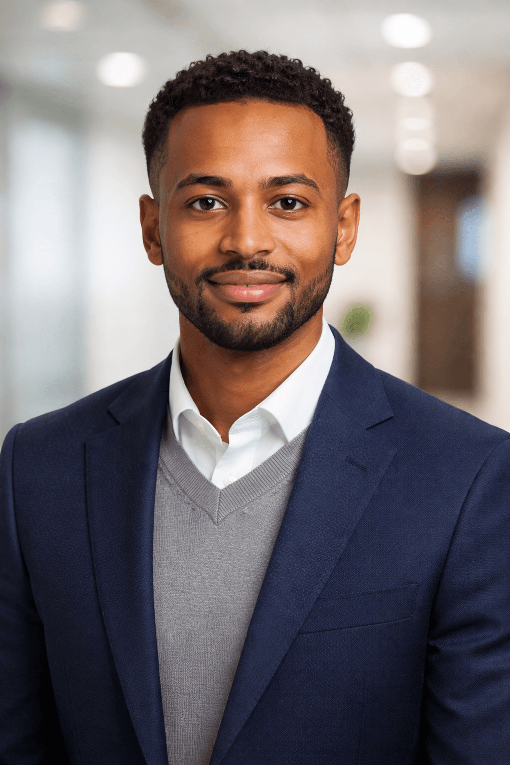 Smiling Black man with a beard wearing a navy blazer and grey v-neck sweater.