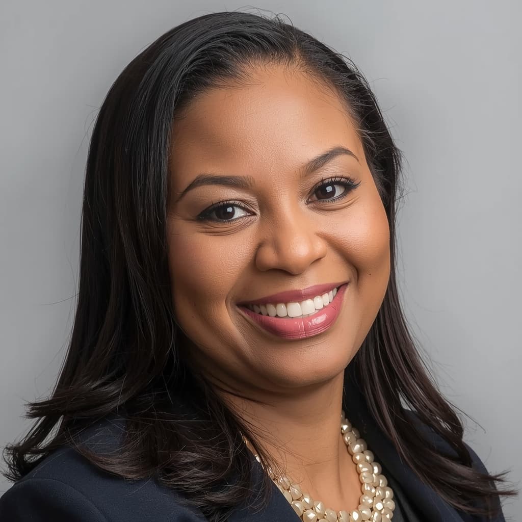 Professional headshot of a smiling woman with long dark hair, wearing pearls and dark blazer.